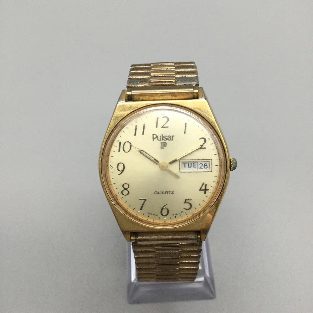 Vintage Pulsar Y418-8009 Mens Watch 34mm Cream Dial Gold Day Date Not Running